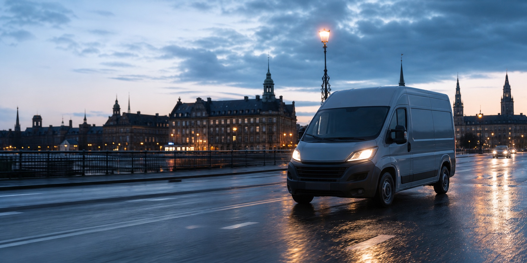 Låsesmedens servicebil på vej gennem København ved daggry