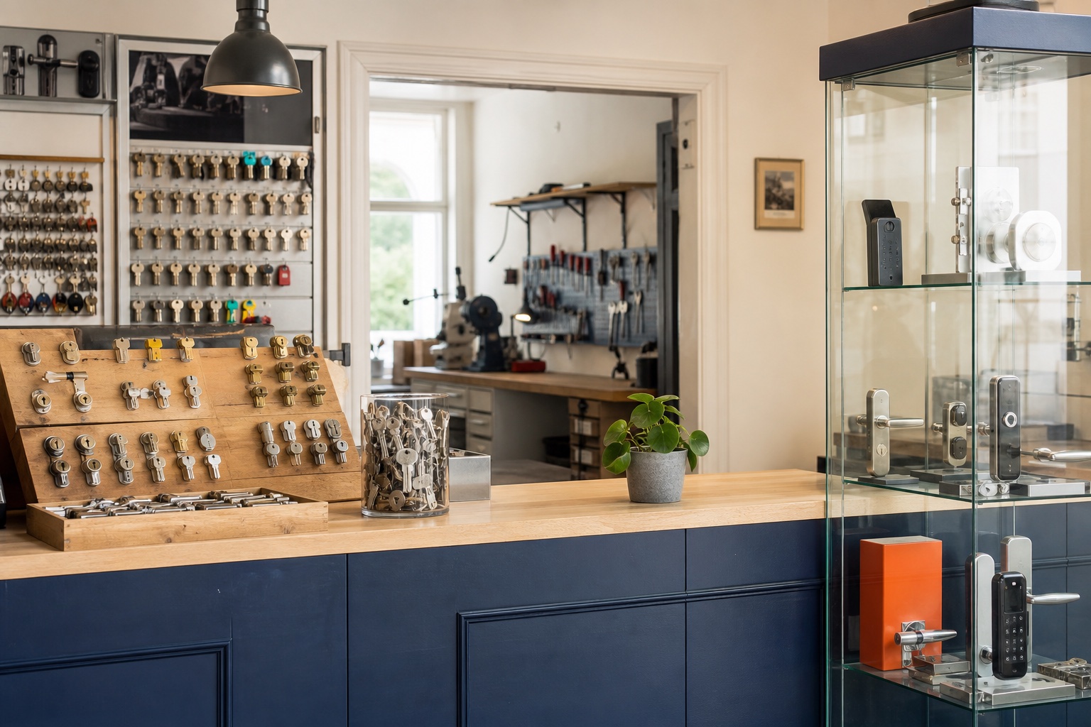 Låsesmedebutik og værksted med nøgler og sikringsprodukter