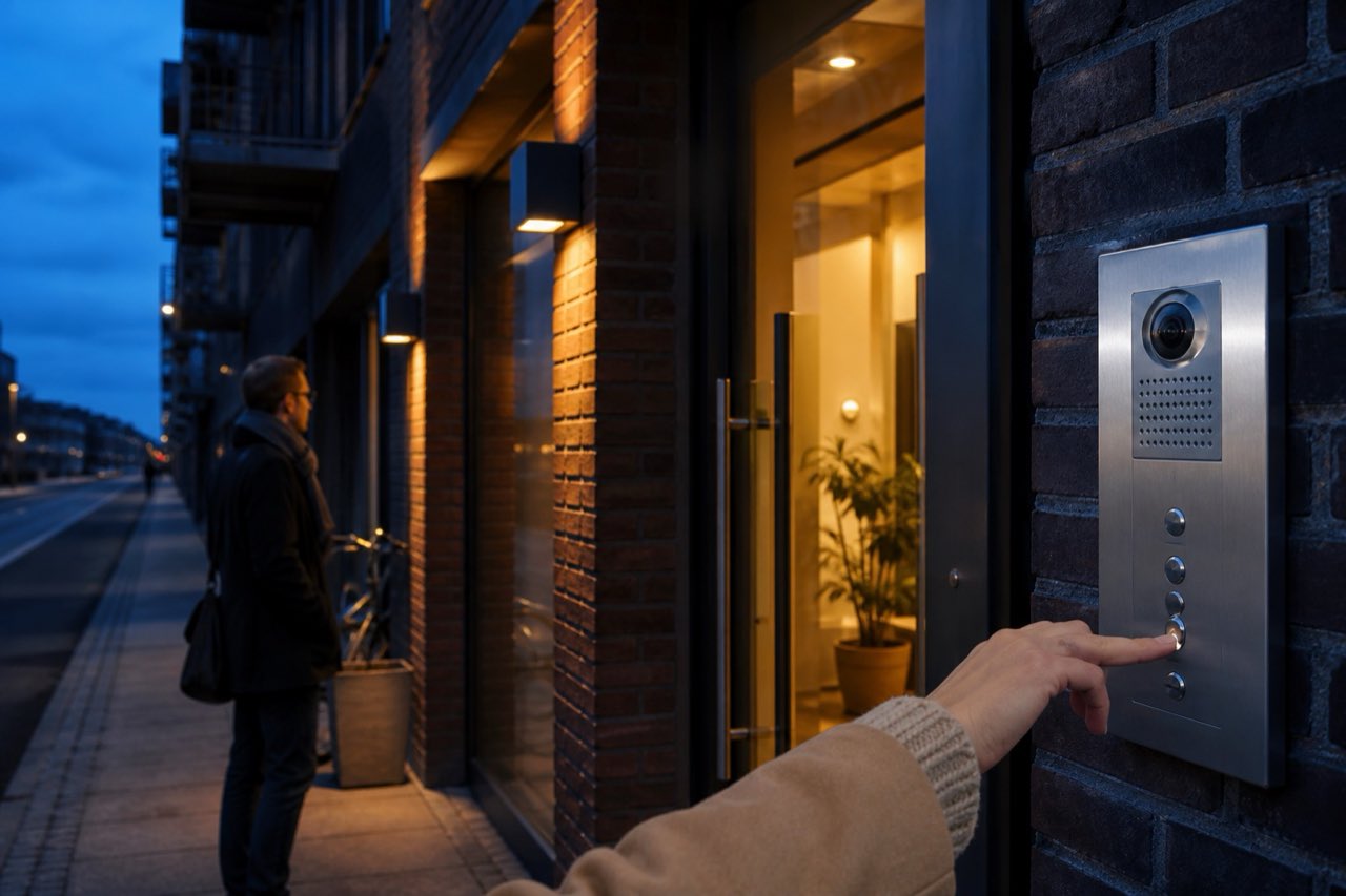 Dørtelefon ved københavnsk opgang i aftentimerne